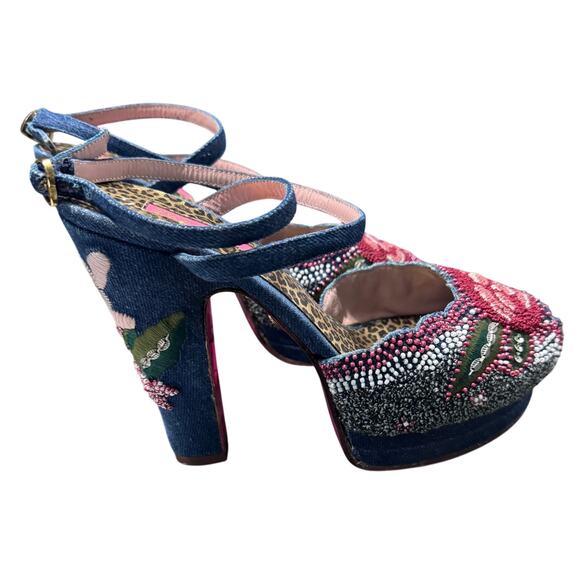 Vtg Y2K Betsey Johnson Denim Floral Beaded Platform Heel Sandals Size 7.5 M - Picture 1 of 12
